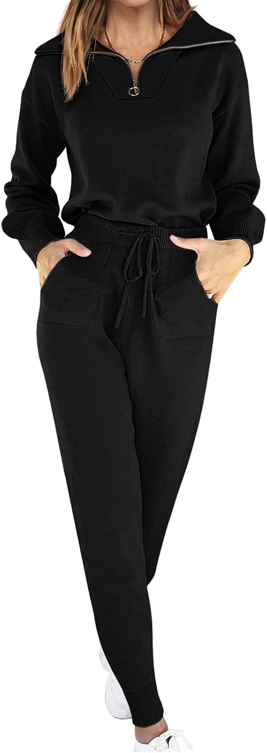 Women's Two Piece Outfits Sweater Lounge Sets Long Sleeve Zip Up Knit Pullover Jogger Pants Tracksuit Travel Outfits