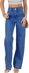 Women's Jeans High Waisted Straight Leg Stretchy Jeans Trendy Welt Pockets Loose Wide Leg Ankle Denim Pants