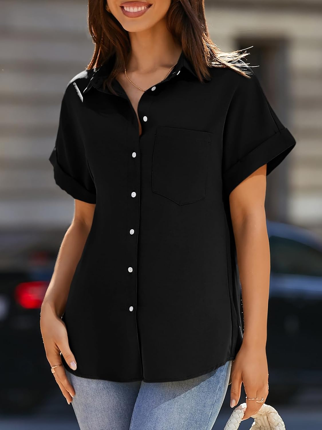 Women's Short Sleeve Shirts V Neck Collared Button Down Shirt Tops with Pockets