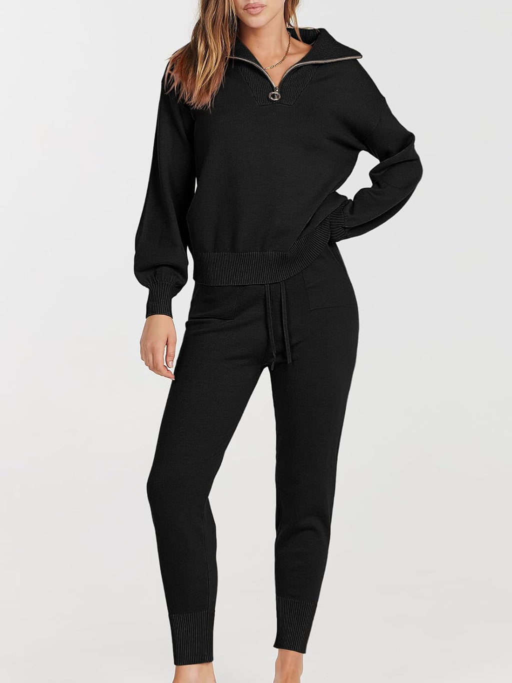 Women's Two Piece Outfits Sweater Lounge Sets Long Sleeve Zip Up Knit Pullover Jogger Pants Tracksuit Travel Outfits