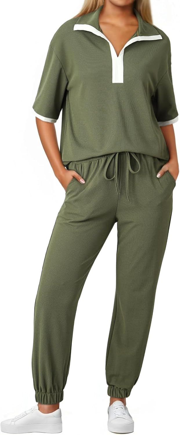 2 Piece Sets for Women Summer Lapel V Neck Short Sleeve Tops Long Pants Tracksuit Lounge Jogger Set with Pockets