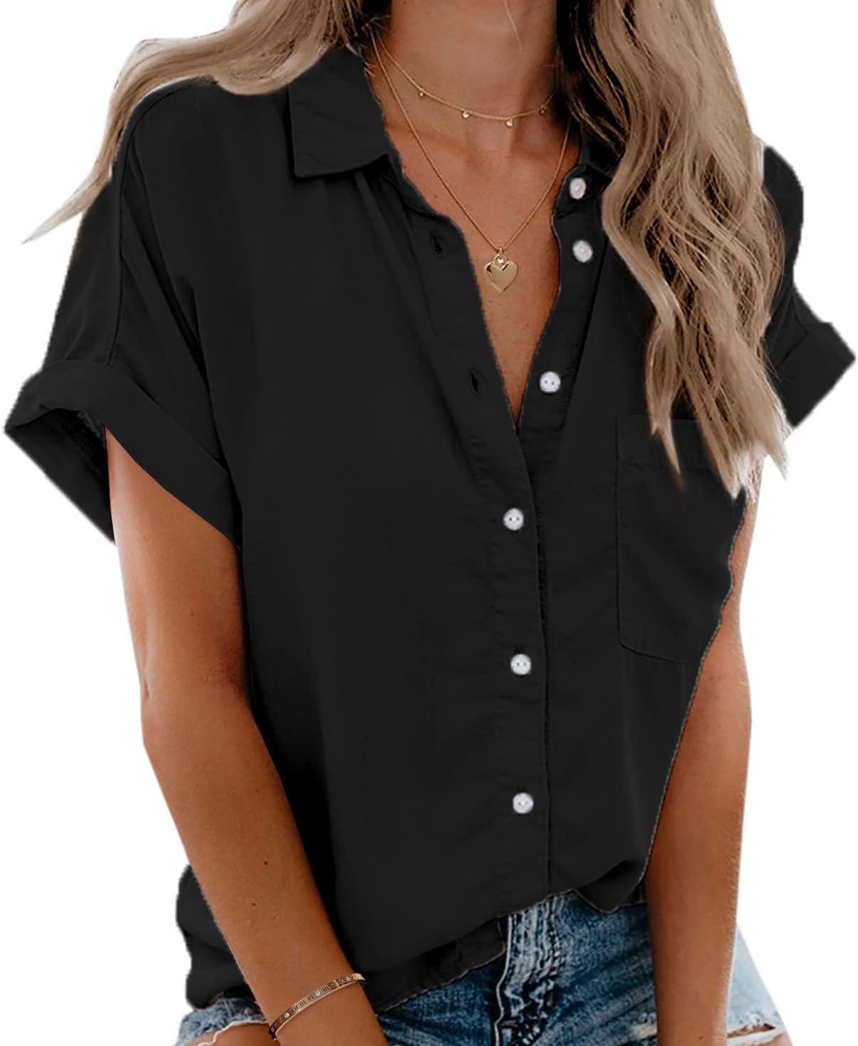 Women's Short Sleeve Shirts V Neck Collared Button Down Shirt Tops with Pockets