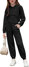 3 Piece Girls Jogger Set Sweatsuits Crop Sweatshirt Hoodie Adjustable Cami Top and Sweatpants