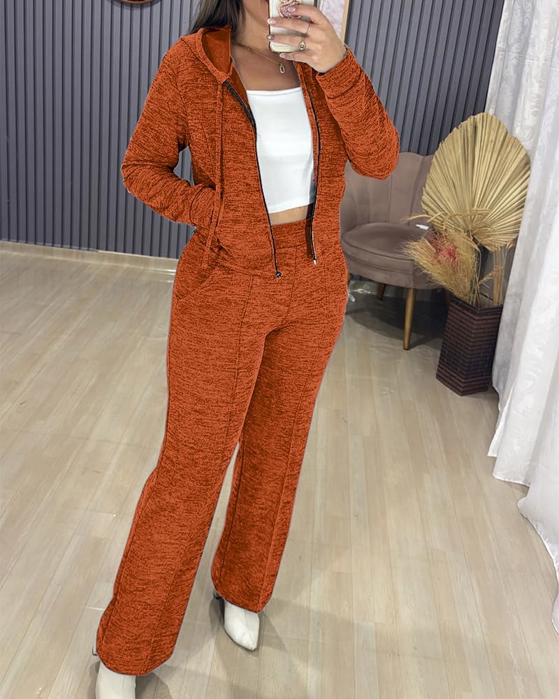 Womens 2 Piece Outfits Sweatsuit  Zip Up Hoodie and Wide Leg Sweatpants Tracksuit Travel Workout Lounge Sets