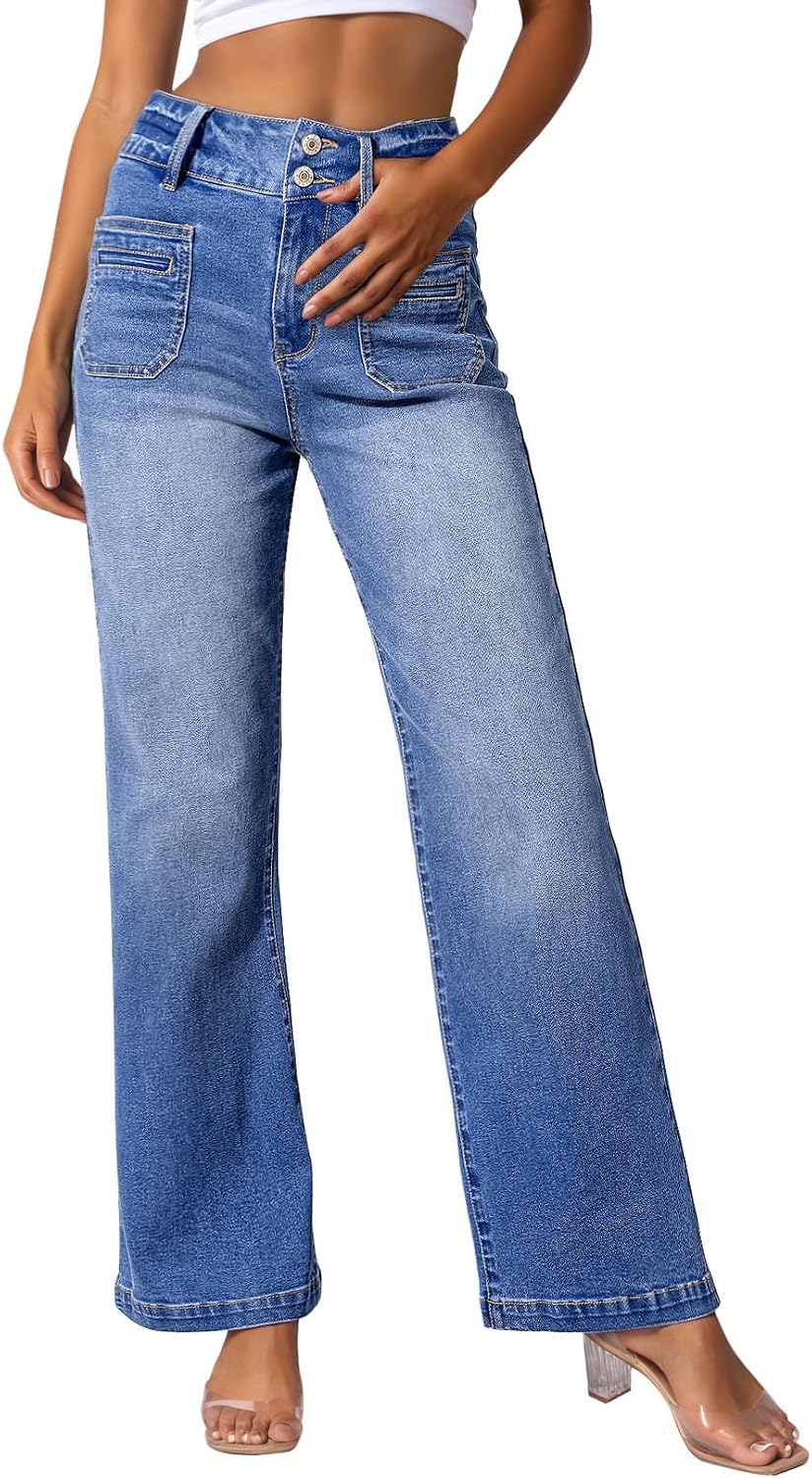Womens Jeans High Waist Trendy  Stretchy Flared Wide Leg Pockets Front Bootcut Casual Denim Pants