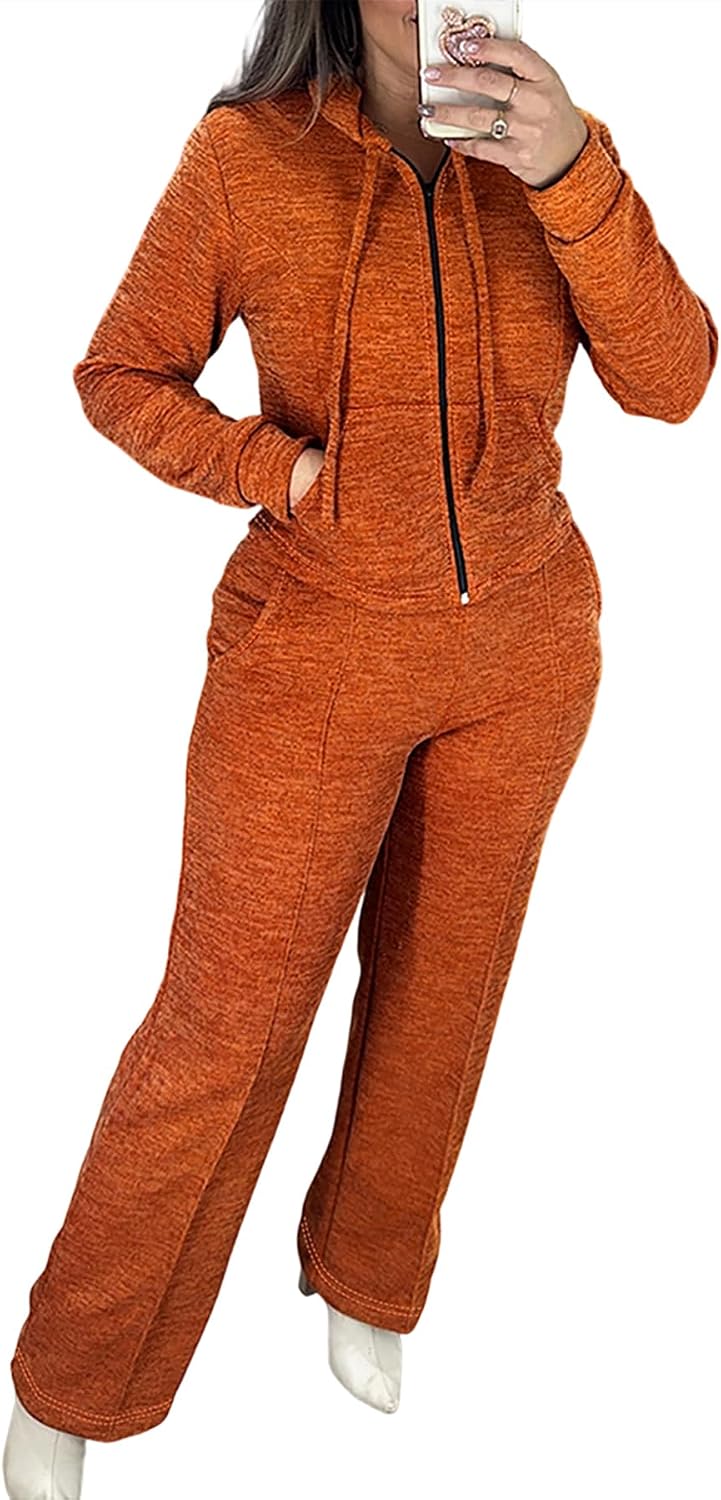 Womens 2 Piece Outfits Sweatsuit  Zip Up Hoodie and Wide Leg Sweatpants Tracksuit Travel Workout Lounge Sets