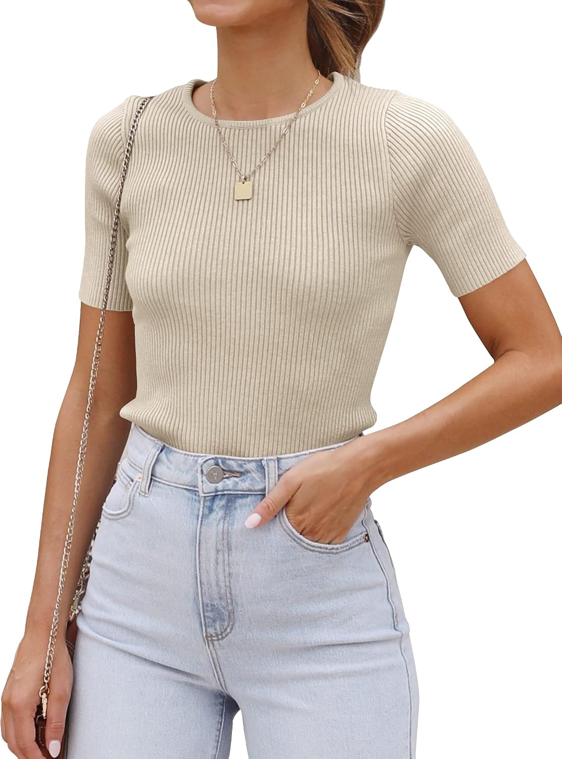 Women's Short Sleeve Crewneck T Shirt  Summer Ribbed Knit Slim Fit Basic Solid Color Tee Tops