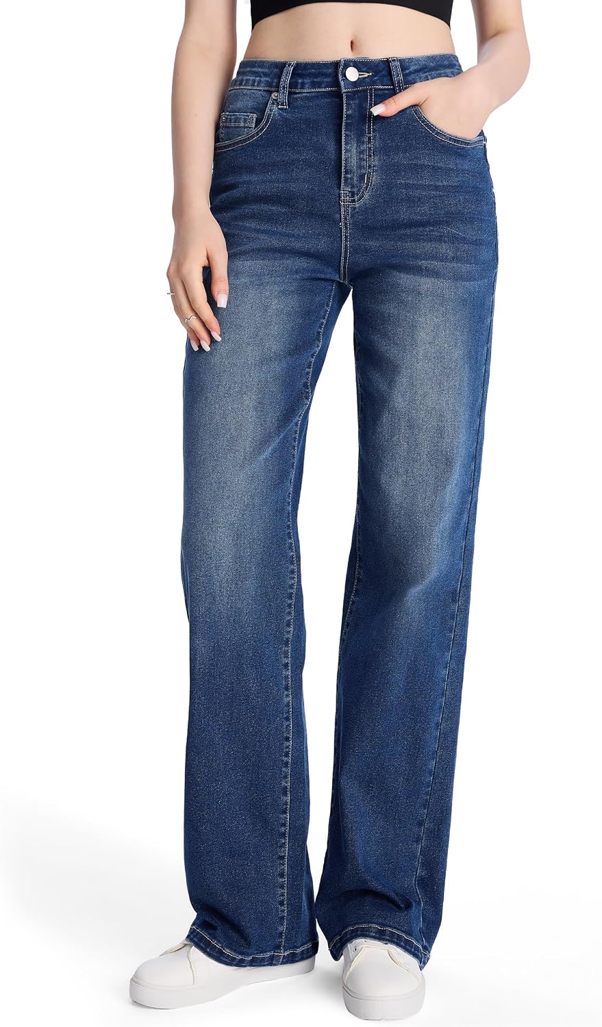 Women's 32"/34"/36" Tall Straight Leg Jeans Mid Waisted Stretchy Loose Denim Pants Casual Baggy Jean Trousers