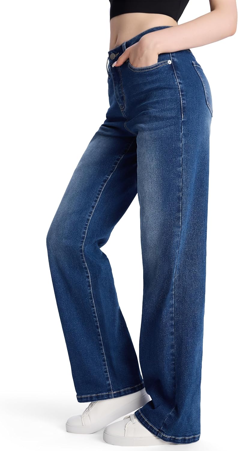Women's 32"/34"/36" Tall Straight Leg Jeans Mid Waisted Stretchy Loose Denim Pants Casual Baggy Jean Trousers